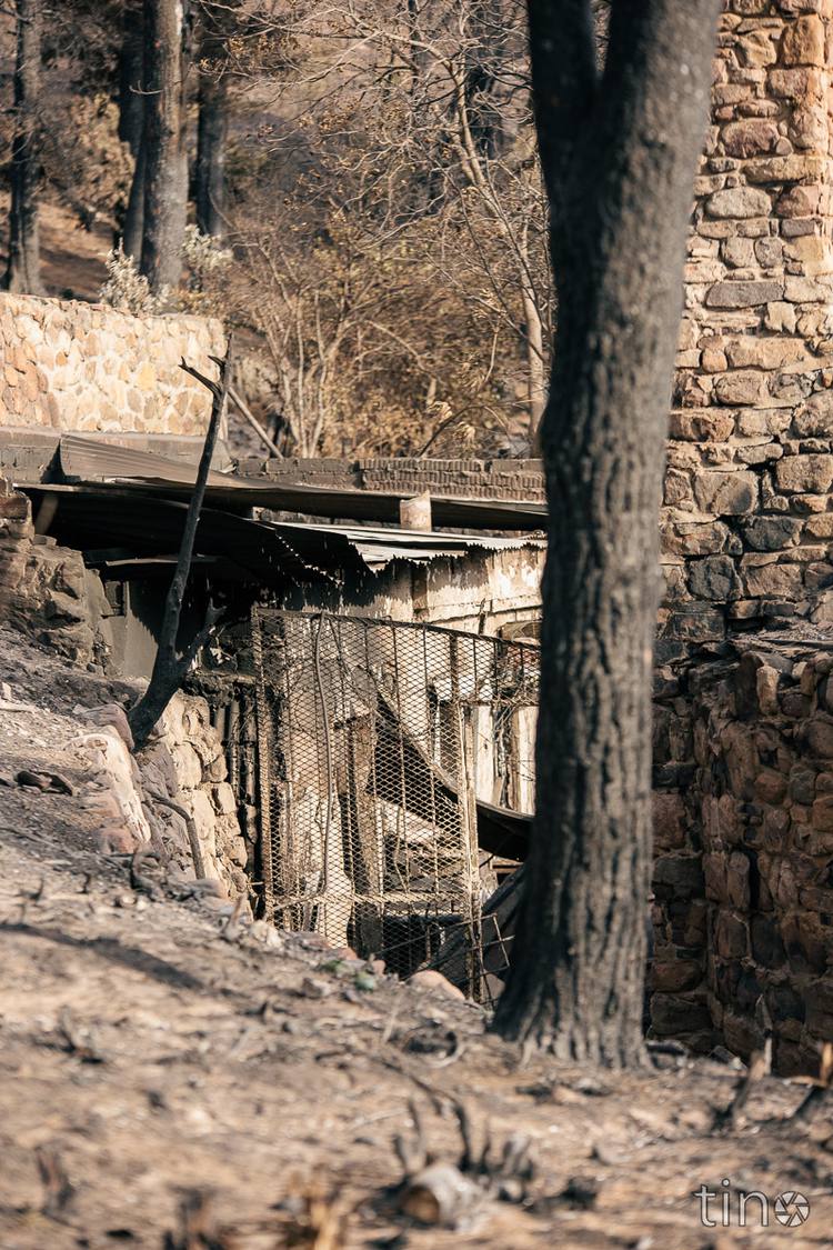 Ruined stone building with charred roof and fence, surrounded by trees